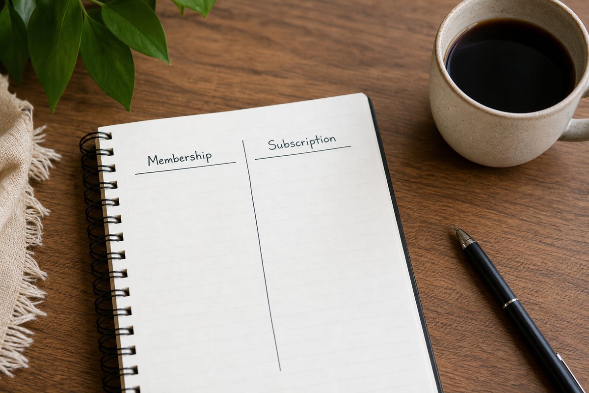 Notebook comparing membership vs subscription models