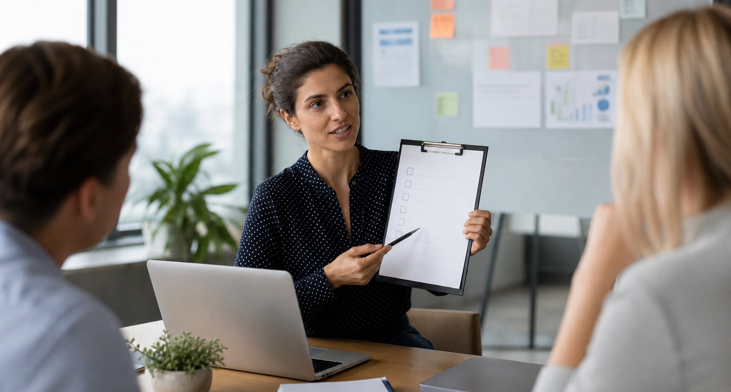 Founder launching a product-as-a-service pilot with checklist and laptop