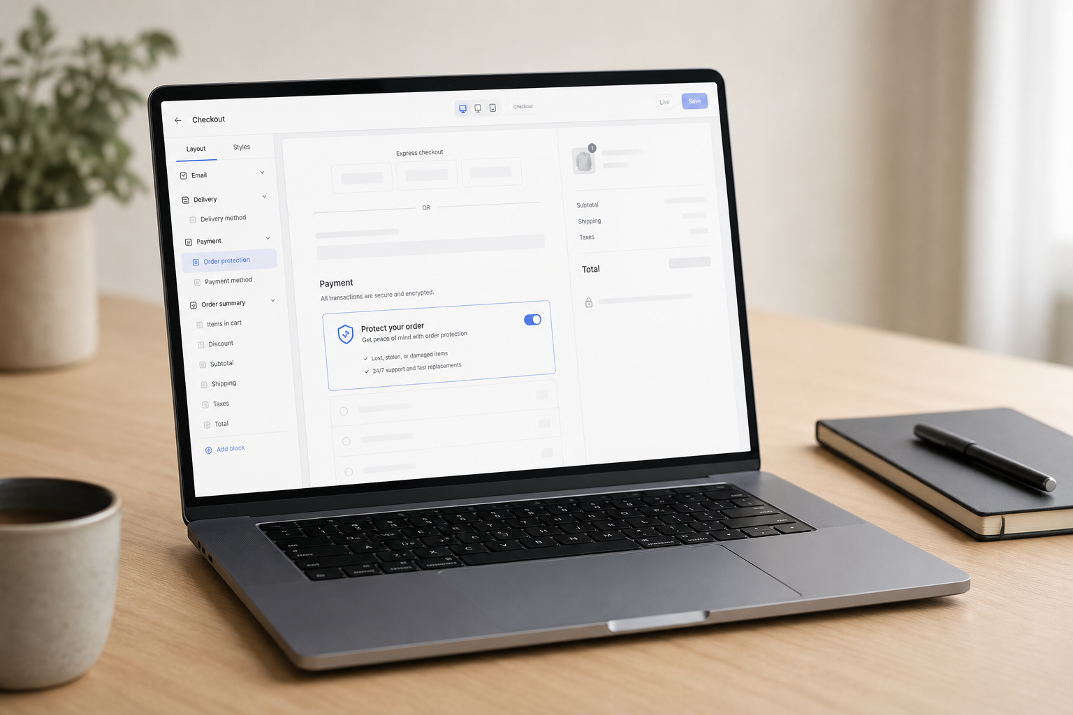 Merchant configuring Shopify checkout blocks app on a laptop