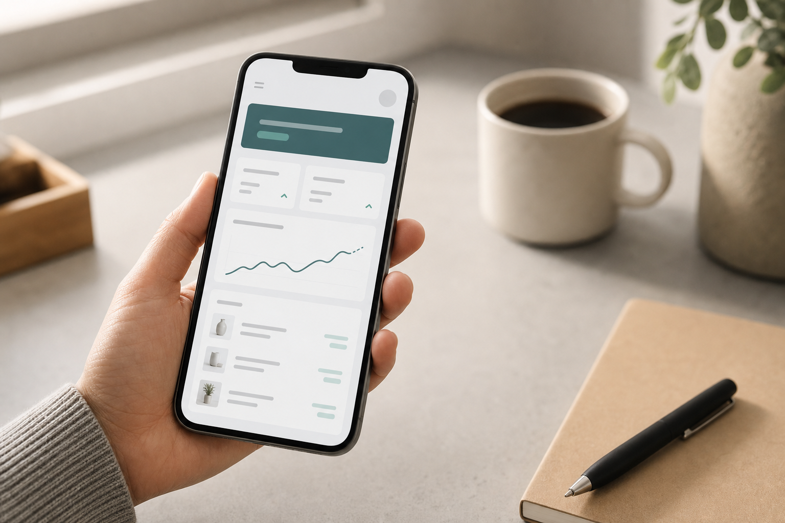 Smartphone showing Shopify Starter plan dashboard