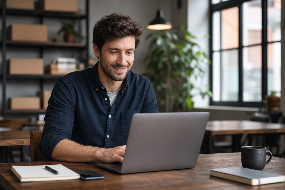 Cafe-office desk suggesting Shopify subscriptions across Europe
