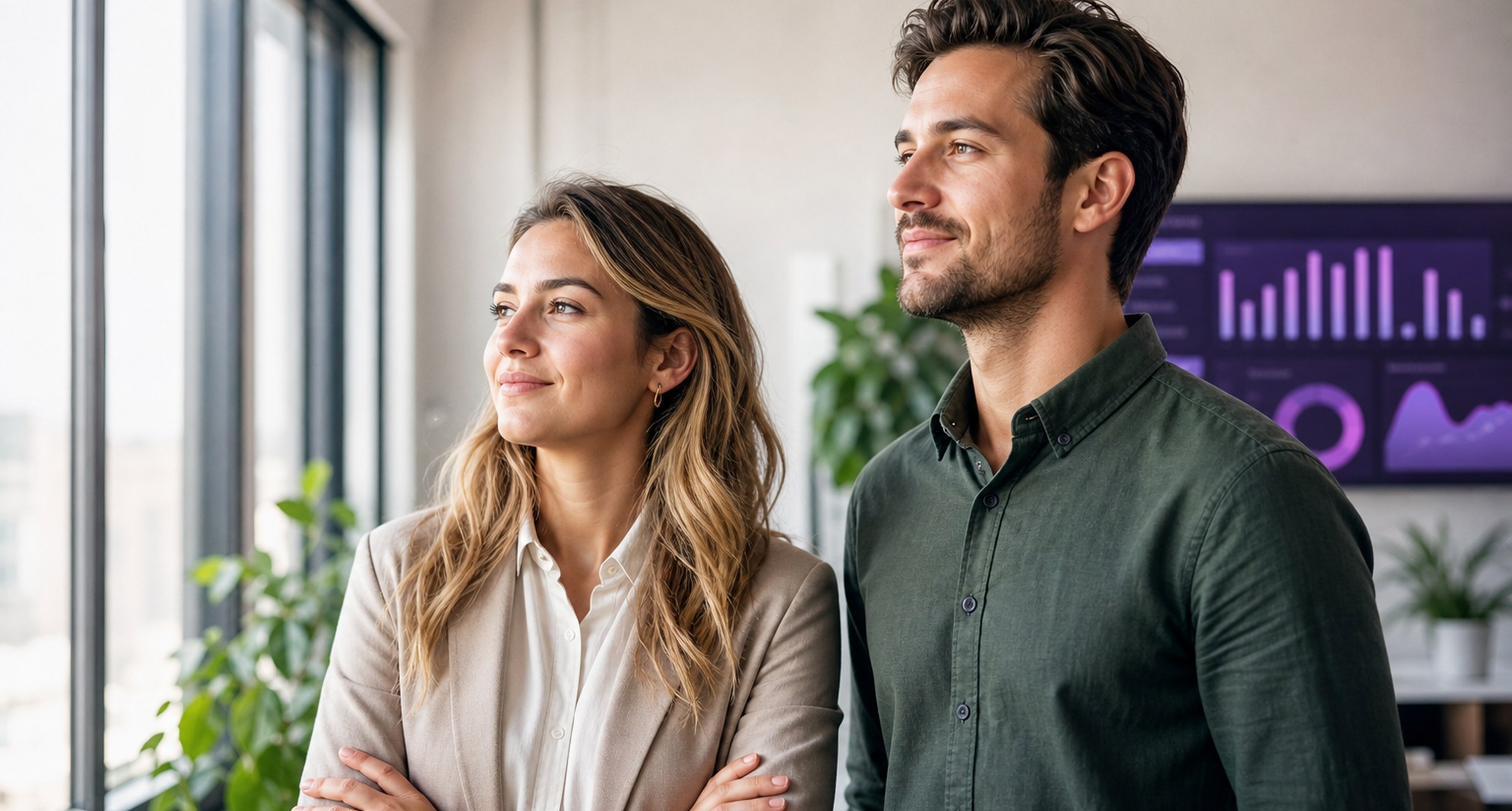 Two ecommerce professionals looking toward light in a modern office