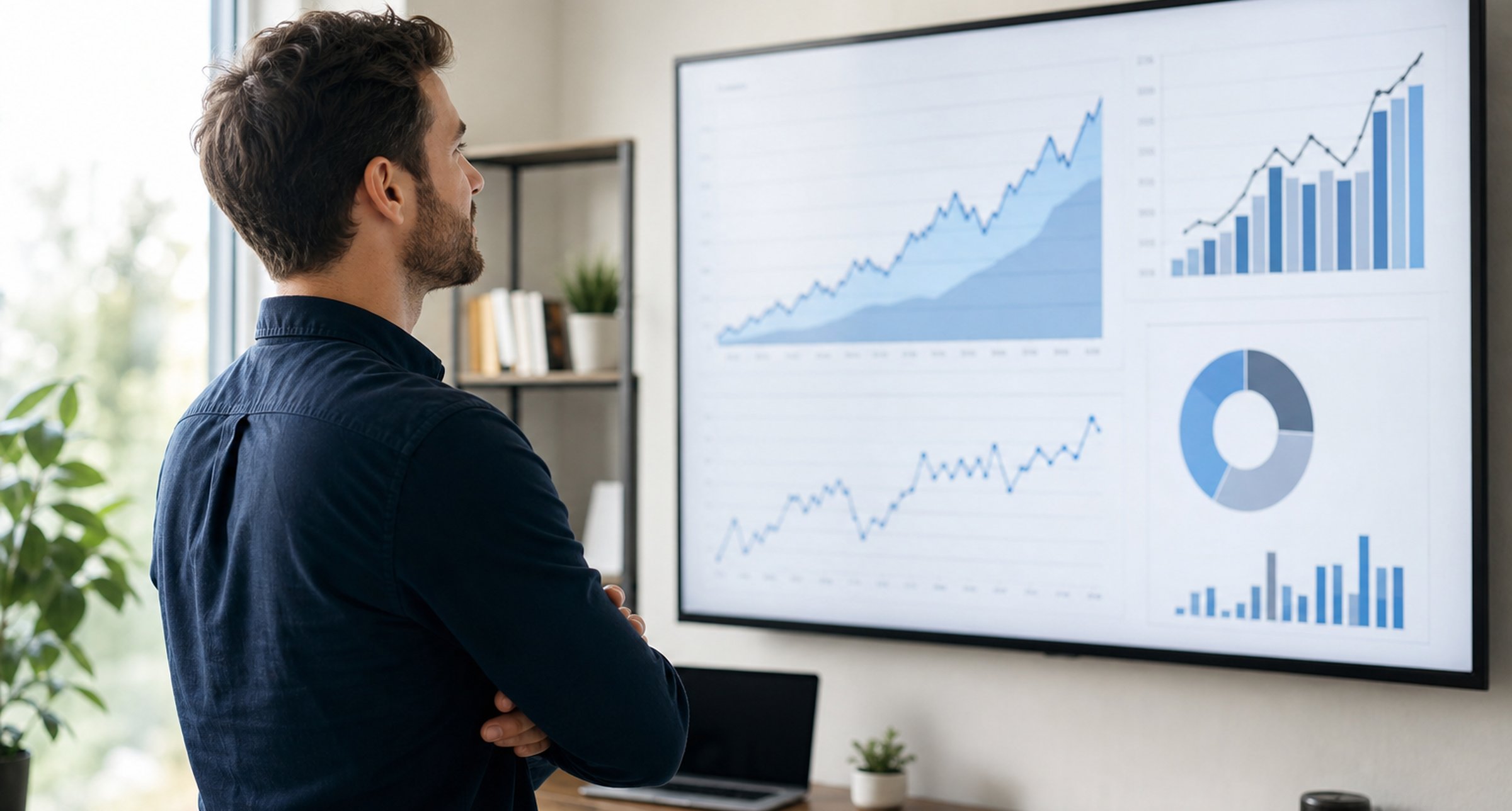 Founder reviewing subscription business model growth on a monitor