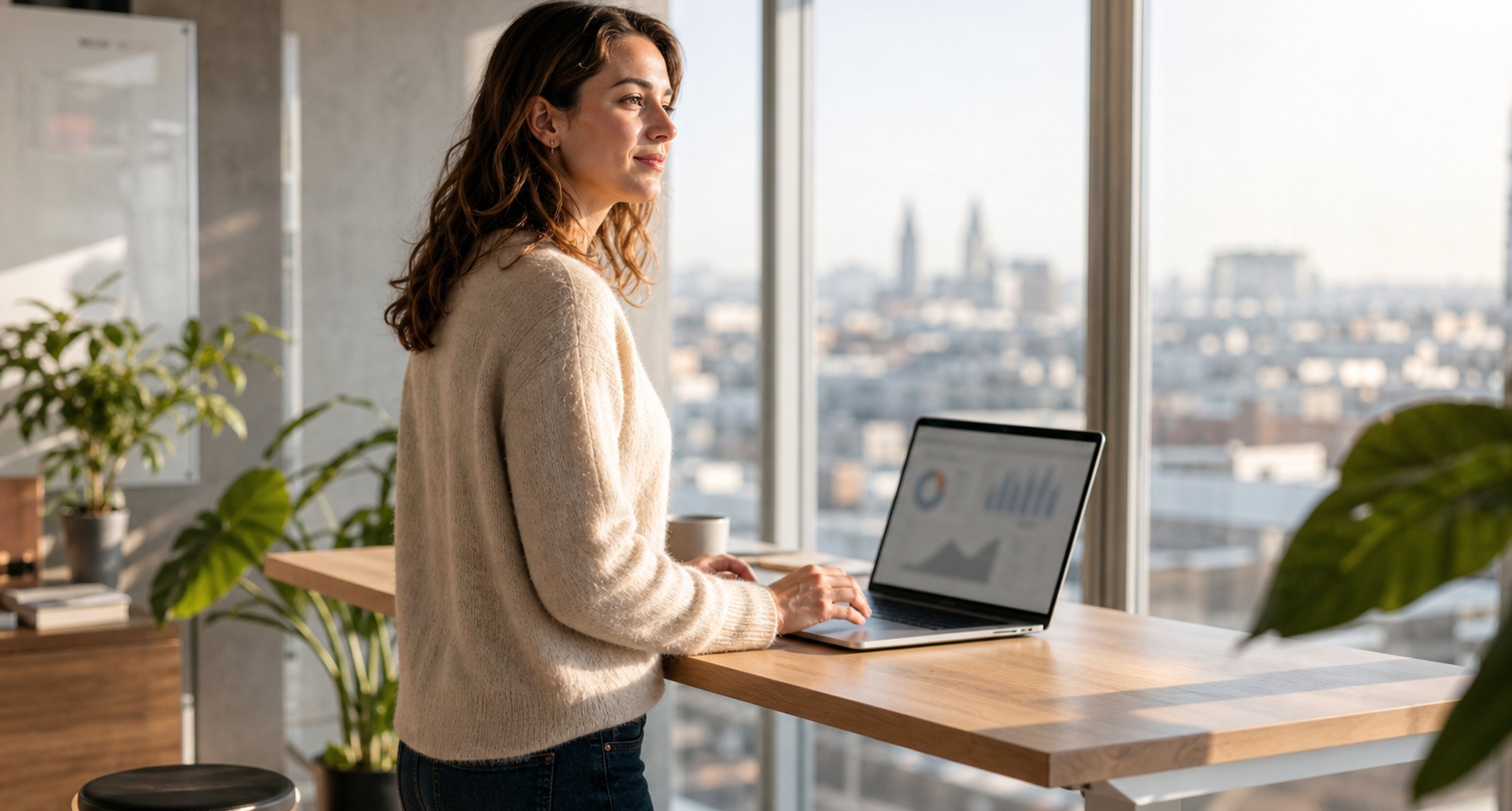 European ecommerce operator reviewing subscription ecommerce growth at a standing desk