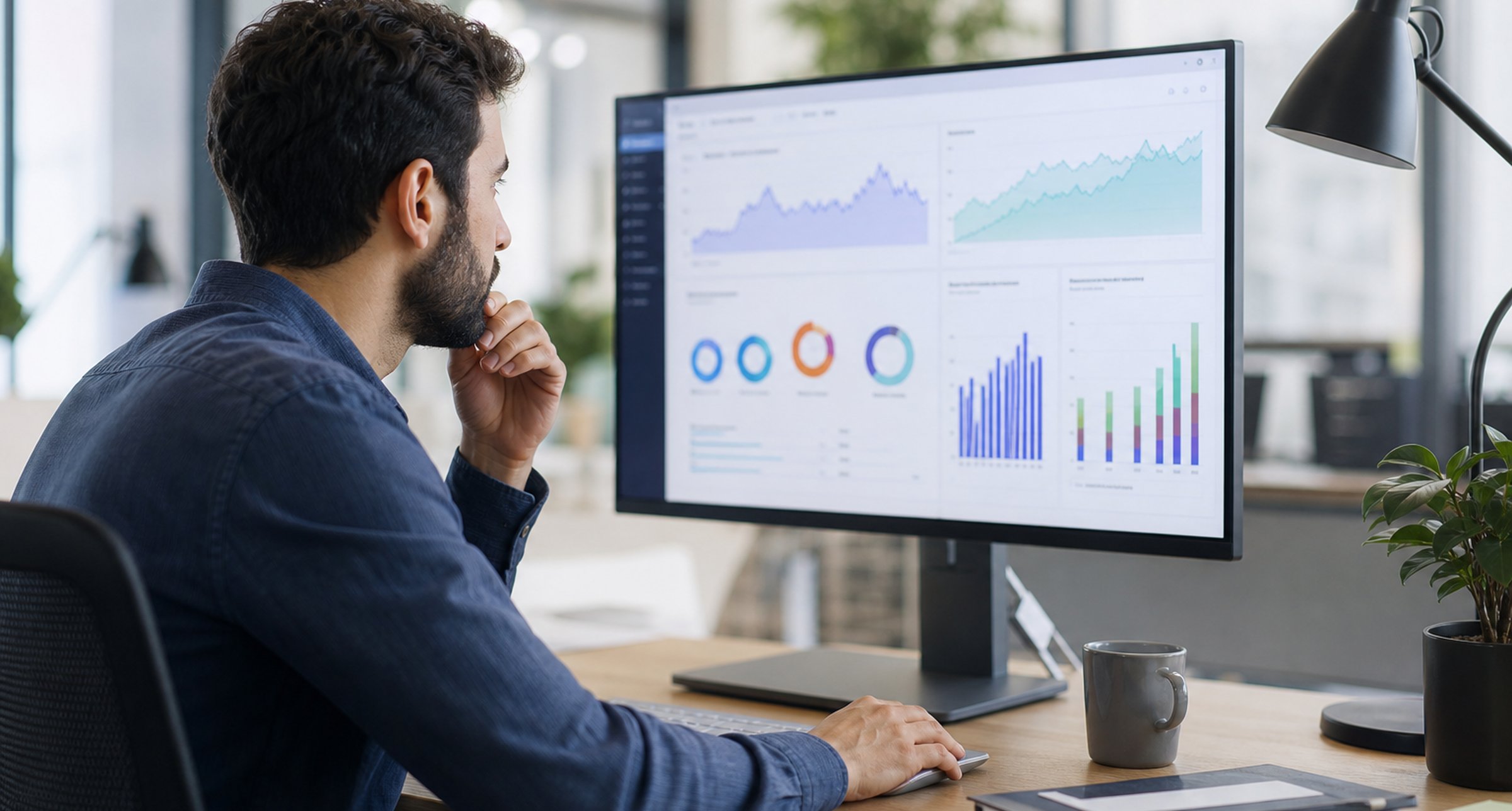 Analyst reviewing subscription metrics and KPIs on a monitor