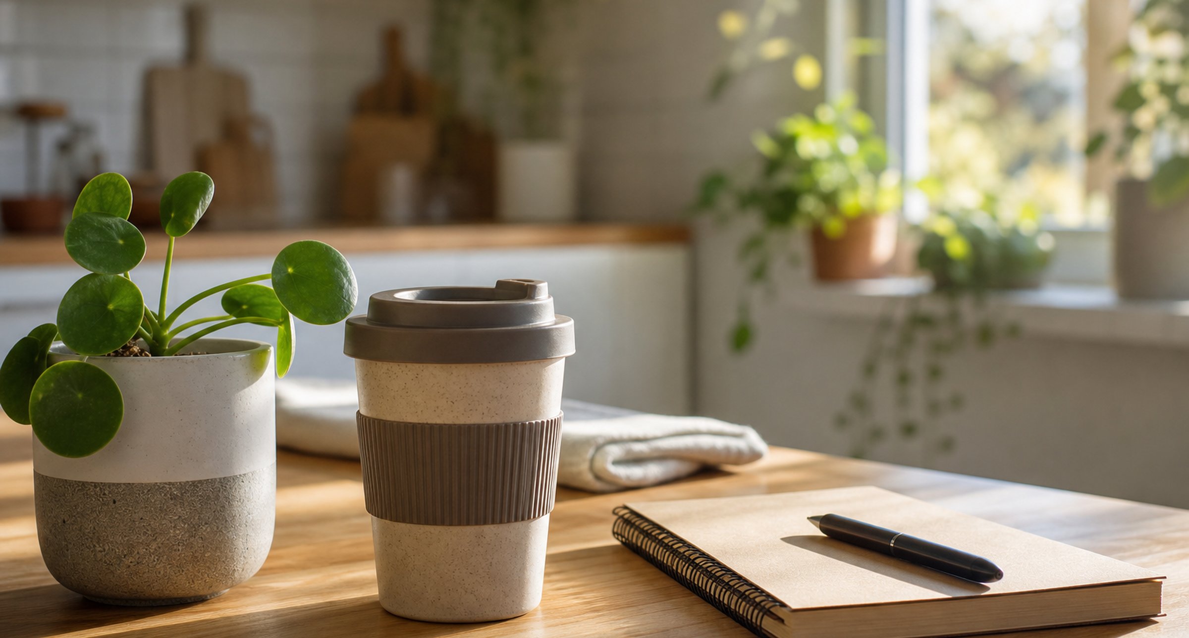 Morning kitchen scene suggesting sustainable consumption habits