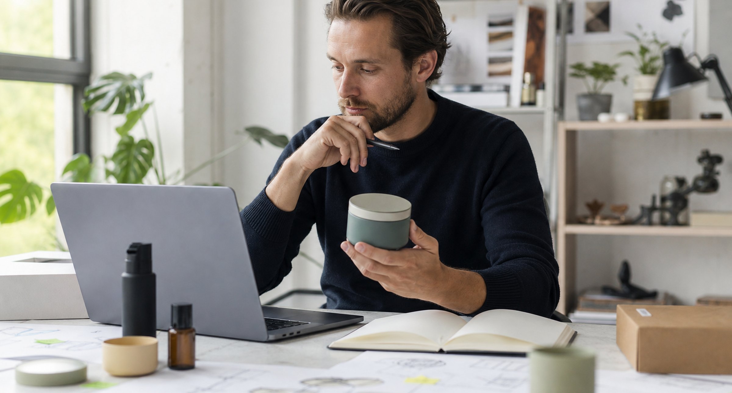 Founder turning a product into a subscription offer at a studio desk