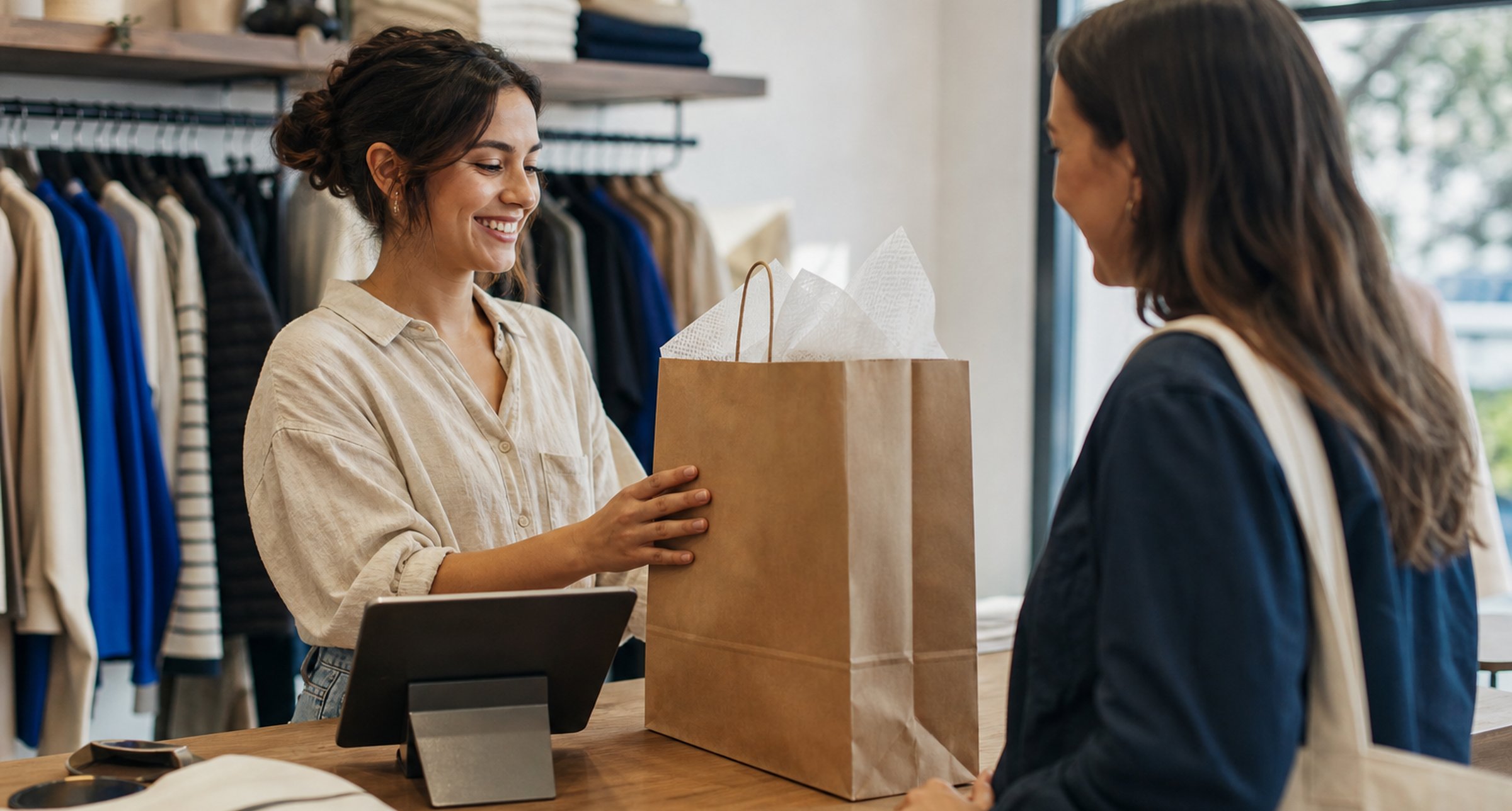 Store counter and tablet suggesting unified commerce for subscriptions